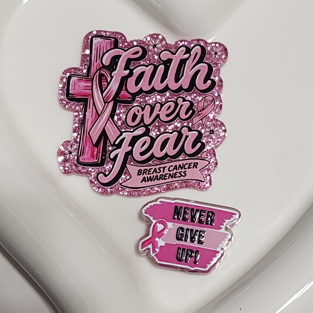 Pink Ribbon Flatback Focal Bead Beaded Pen Badge Breast Cancer Faith Over Fear